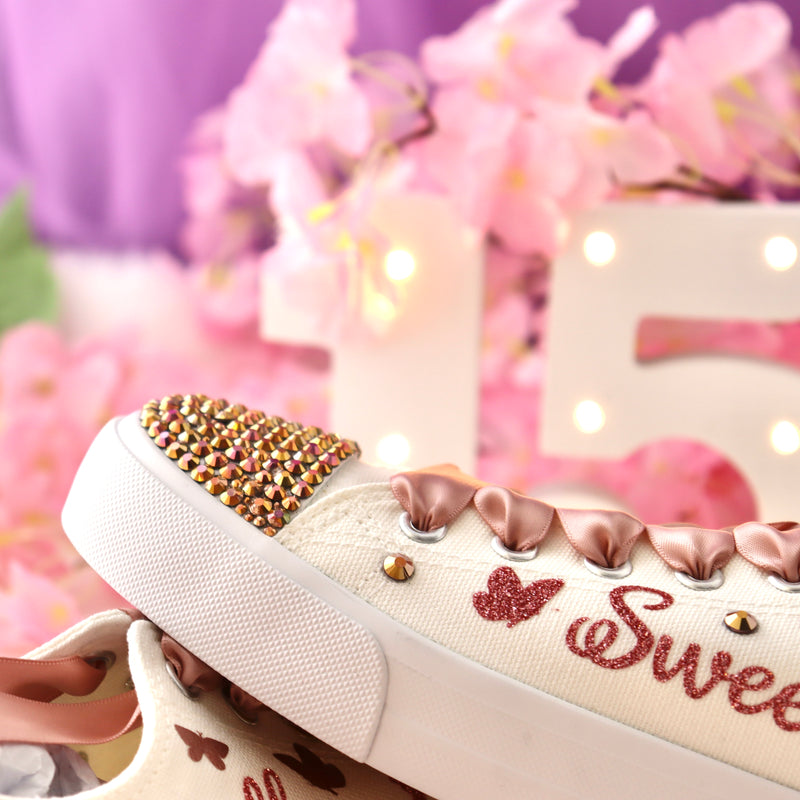 Butterfly Style | Rose Gold Sweet 15 Custom Sneakers | Quinceañera Shoes | Personalized 15 Birthday Sneakers | USA fast shipping
