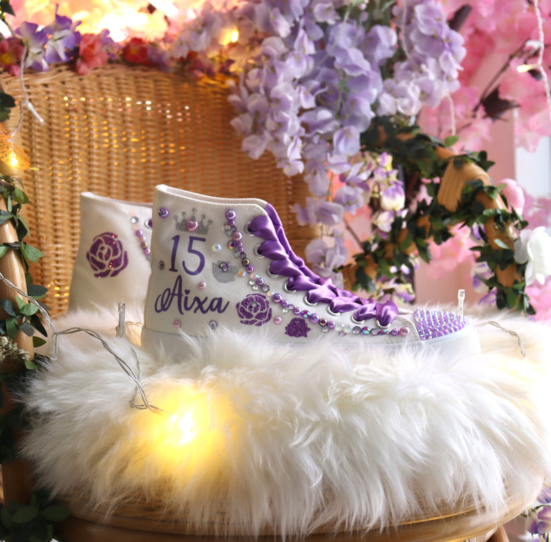 Flowers Style Lila Custom Quince Shoes | XV Princess Cinderella Lavender Sneakers | Quinceañera Zapatillas Light Purple