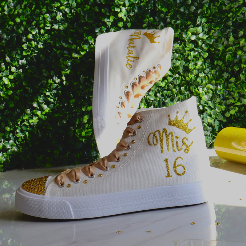 Crown Golden Style Quinceañera Sneakers | Trainers XV Party Dance Tennis All Gold | XV Birthday Shoes Personalized | Mis 15 Gift flat shoes