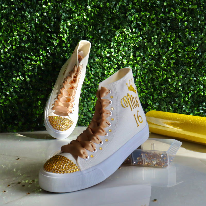 Crown Golden Style Quinceañera Sneakers | Trainers XV Party Dance Tennis All Gold | XV Birthday Shoes Personalized | Mis 15 Gift flat shoes