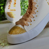 Crown Golden Style Quinceañera Sneakers | Trainers XV Party Dance Tennis All Gold | XV Birthday Shoes Personalized | Mis 15 Gift flat shoes