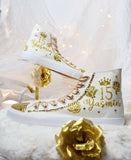 Flowers Style Custom Gold Quince Shoes | XV Princess Cinderella Roses Tennis | Quinceañera Zapatillas Gold Coquette Fashion Sneakers | Free Shipping