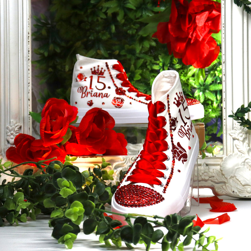 Flowers Style Red Custom Quince Shoes | XV Princess Cinderella Lavender Sneakers | Quinceañera Zapatillas Red Purple
