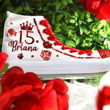Flowers Style Red Custom Quince Shoes | XV Princess Cinderella Lavender Sneakers | Quinceañera Zapatillas Red Purple | Free Shipping