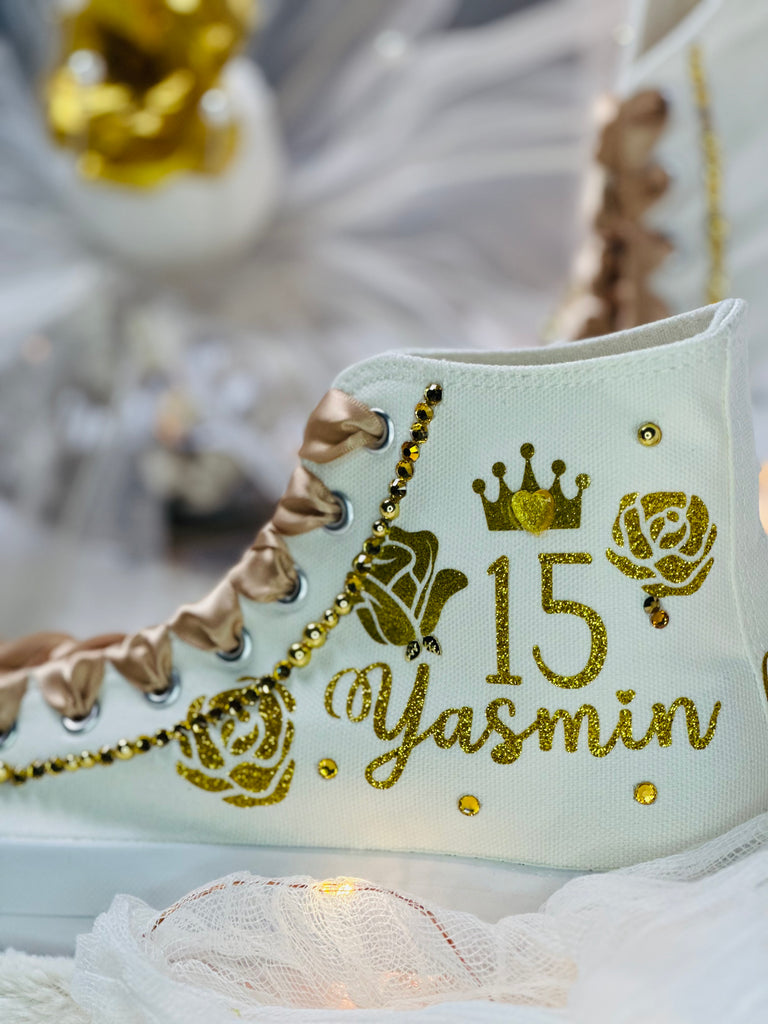 Flowers Style Custom Gold Quince Shoes | XV Princess Cinderella Roses Tennis | Quinceañera Zapatillas Gold Coquette Fashion Sneakers