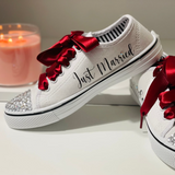 Bridal Red Custom Sneakers with Just Married and Bride writing on the sides