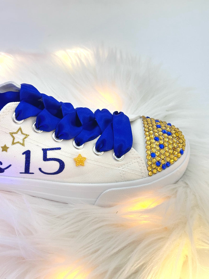Blue & Gold Magical Sky Style | Blue Sweet 15 Custom Sneakers Moon and Stars | Quinceañera Dance Shoes Personalized Sneakers | Mis 15 zapatillas Blue