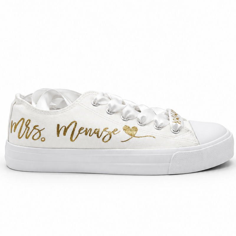 Personalized Bride Wedding Sneakers with Mrs Name and Wedding Date | Bridal Shoes with Satin Ribbon Laces