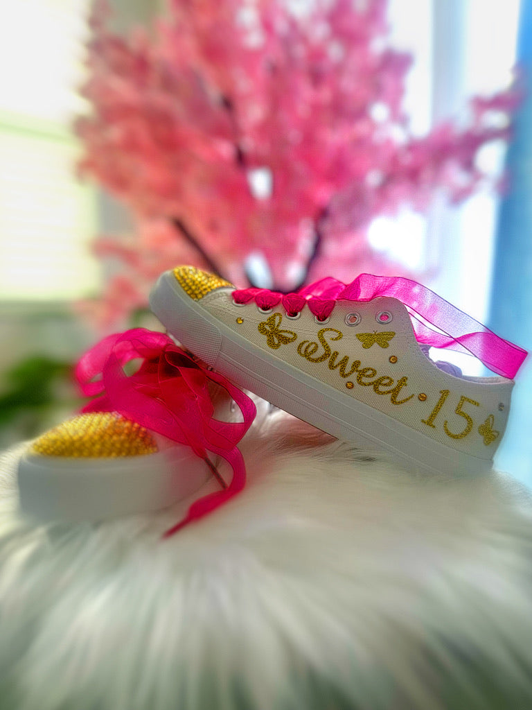 Butterfly Style Quinceanera Custom Shoes Hot Pink organza laces