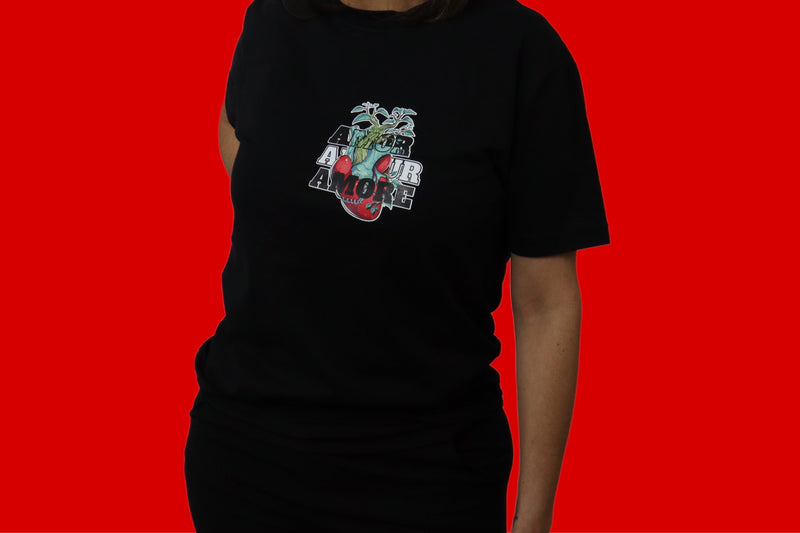 Black Short Sleeve T Shir Human Heart Amor Amore Amour Message Printed