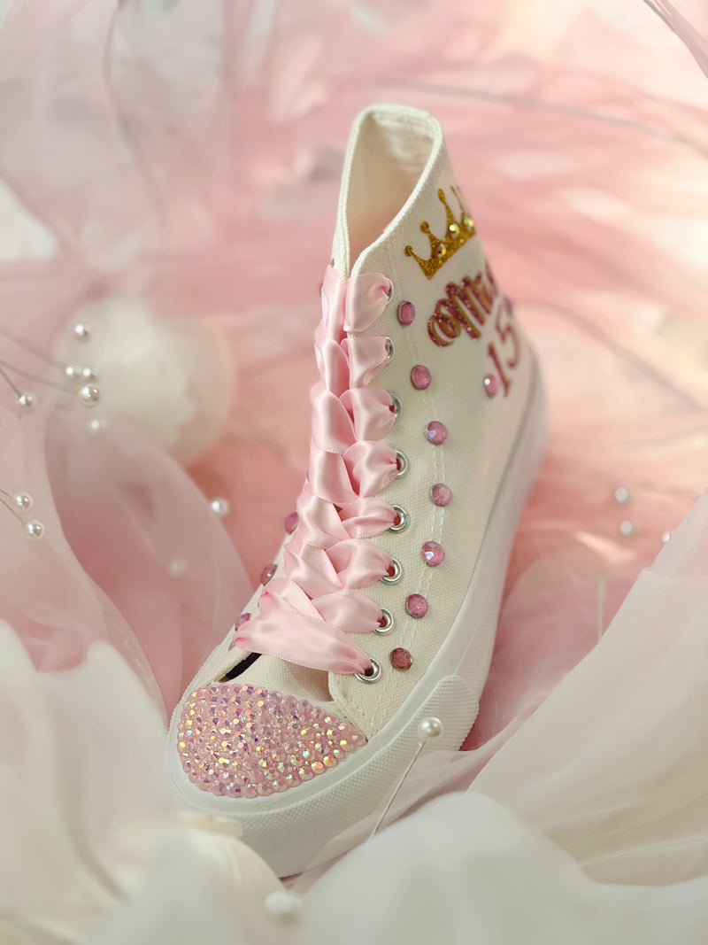 Party Style Quinceanera | Pink Quinces Personalized Sneakers | Quince custom shoes | XV Quinceañero Ideas | Zapatillas Verdes Quince party Trainers