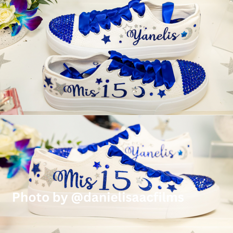 Magical Sky Style | Blue Sweet 15 Custom Sneakers Moon and Stars | Quinceañera Dance Shoes Personalized Sneakers | Mis 15 zapatillas Blue