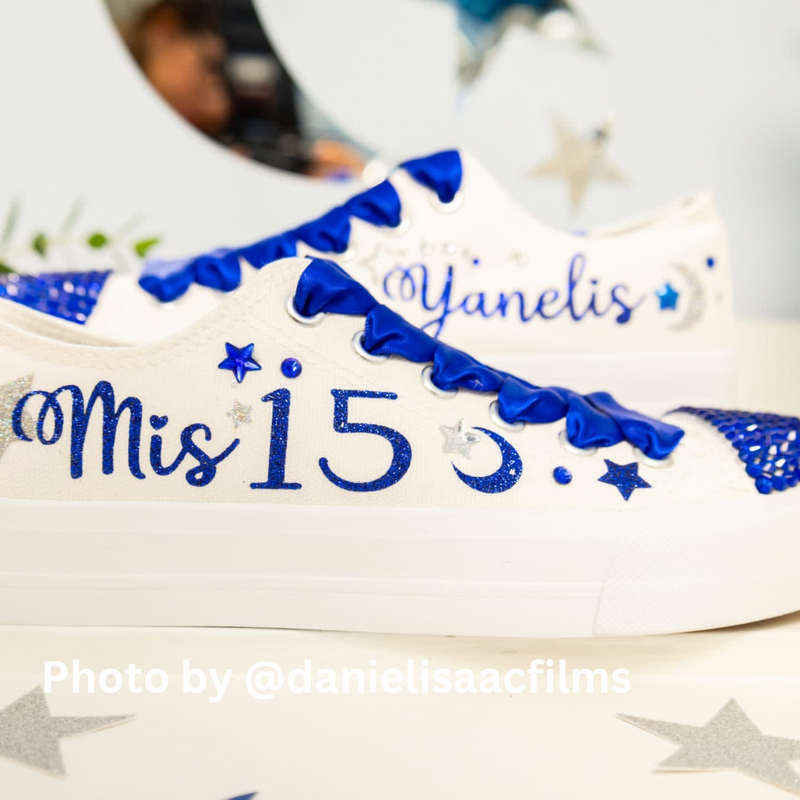 Magical Sky Style | Blue Sweet 15 Custom Sneakers Moon and Stars | Quinceañera Dance Shoes Personalized Sneakers | Mis 15 zapatillas Blue