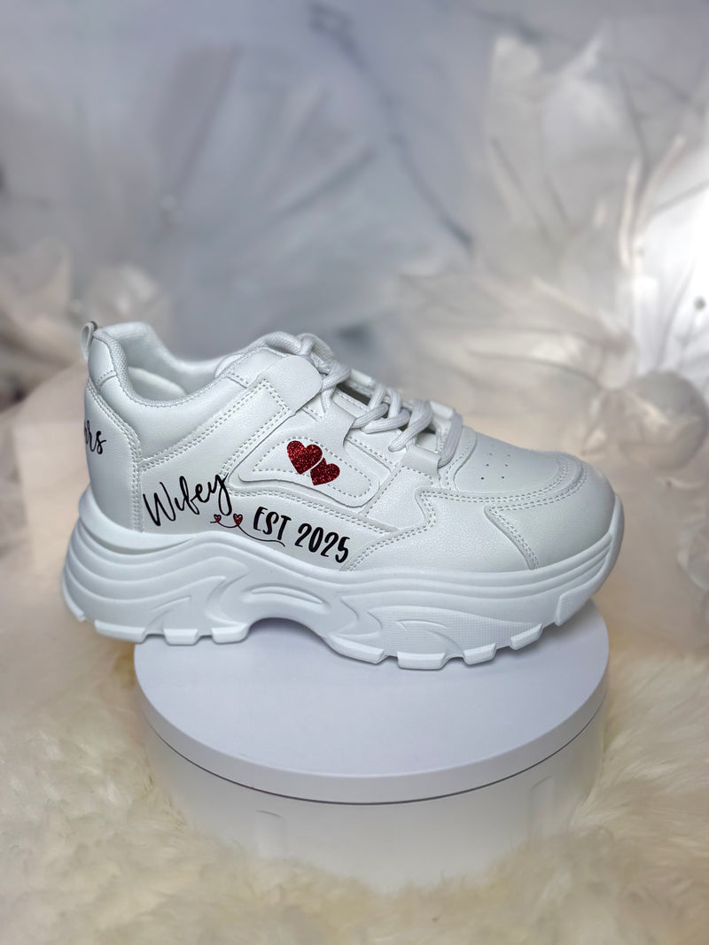 Chunky Bride Platform Shoes Personalized | Wifey EST Wedding Dad Party Sneakers | Fashion Bridal Reception Dance with Red Glitter Hearts