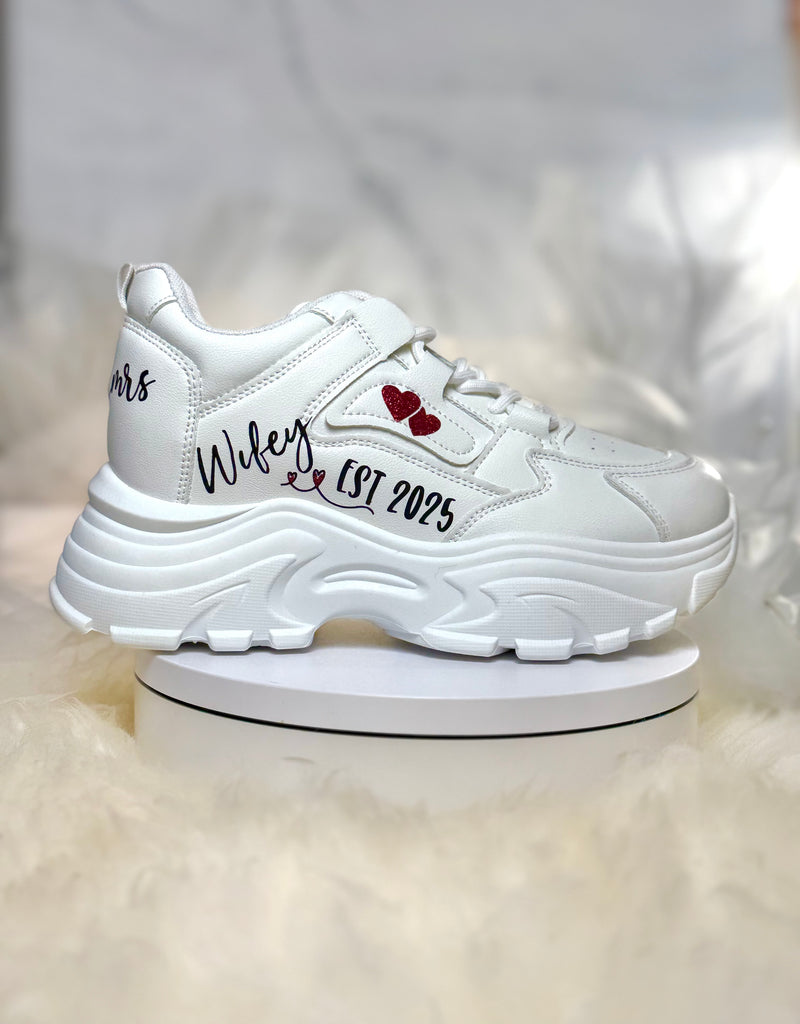 Chunky Bride Platform Shoes Personalized | Wifey EST Wedding Dad Party Sneakers | Fashion Bridal Reception Dance with Red Glitter Hearts
