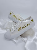 Personalized Bride Wedding Sneakers with Mrs Name and Wedding Date | Bridal Shoes with Satin Ribbon Laces