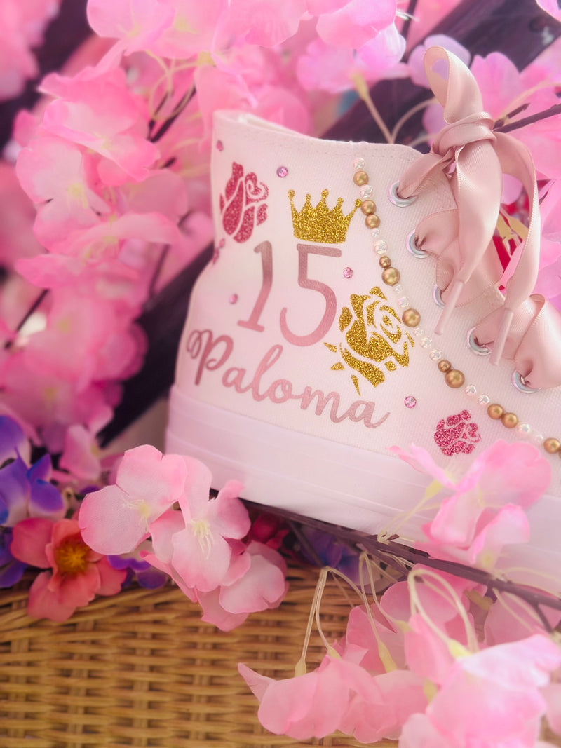 Mis 15 shoes bedazzled with gems and pearls