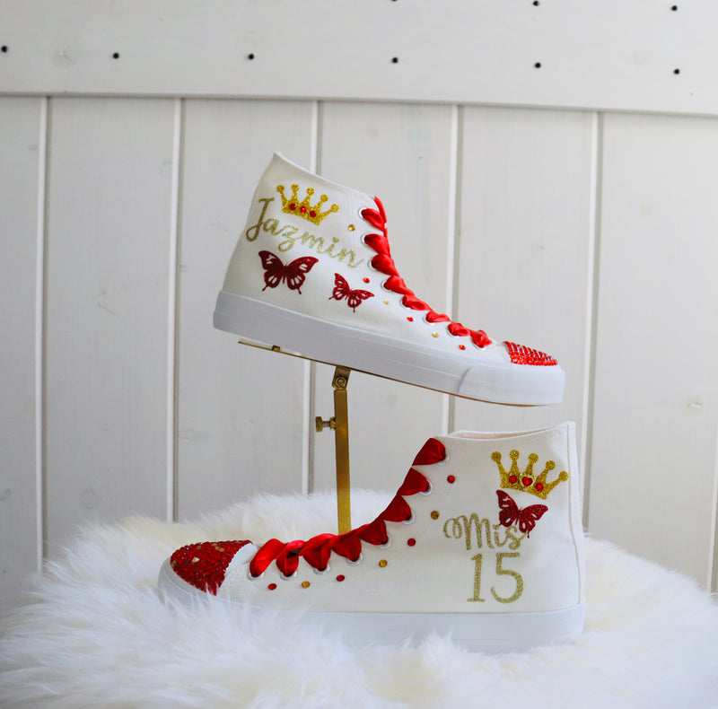 Red Butterfly Style Quinceañera Sneakers | Trainers XV Party Dance Tennis | XV Birthday Shoes Personalized | Mis 15 Gift flat shoes