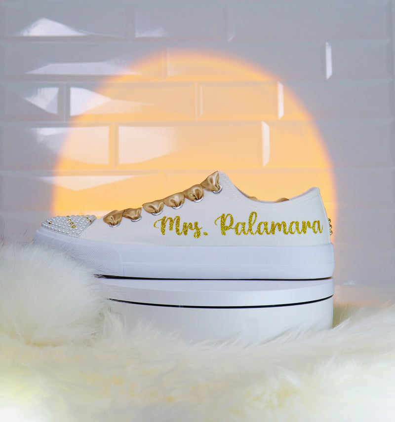 Brides Shoes Pearls theme  | Wedding Bride Sneakers | Personalized with Pearls | Bridesmaid | Matron of Honor  | FAST SHIPPING-made in USA