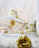 Flowers Style Custom Gold Quince Shoes | XV Princess Cinderella Roses Tennis | Quinceañera Zapatillas Gold Coquette Fashion Sneakers