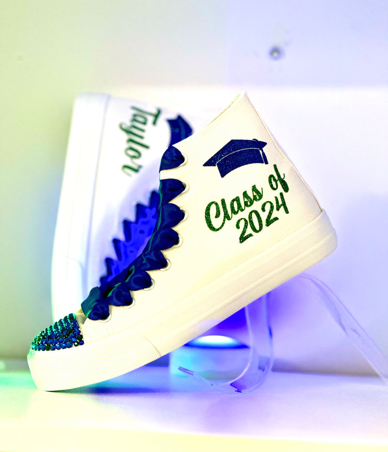 Graduation Sneakers Casual Trainers Personalized | Custom Class of Shoes for Prom Blue and Green | Winter Formal Shoes Party Outfit