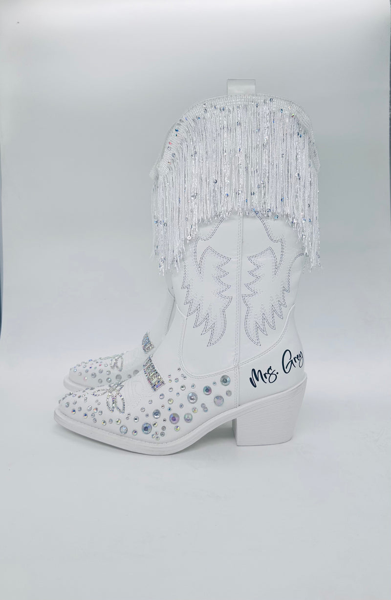 Bride cowboy boots bedazzled with bright AB gems | Boho Style Bridal boots gift personalized marriage last name cowgirl l Wedding bachelorette shoes