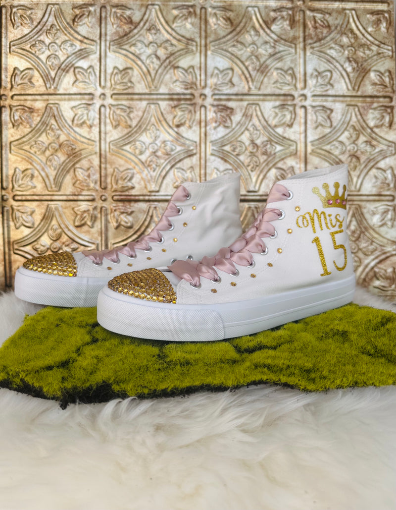 Crown Pink Gold Quinceañera Sneakers | Gold and Pink Quince Shoes | Perfect Gift for Mis 15 Shoes Dance Party | Mis 16 gift personalized