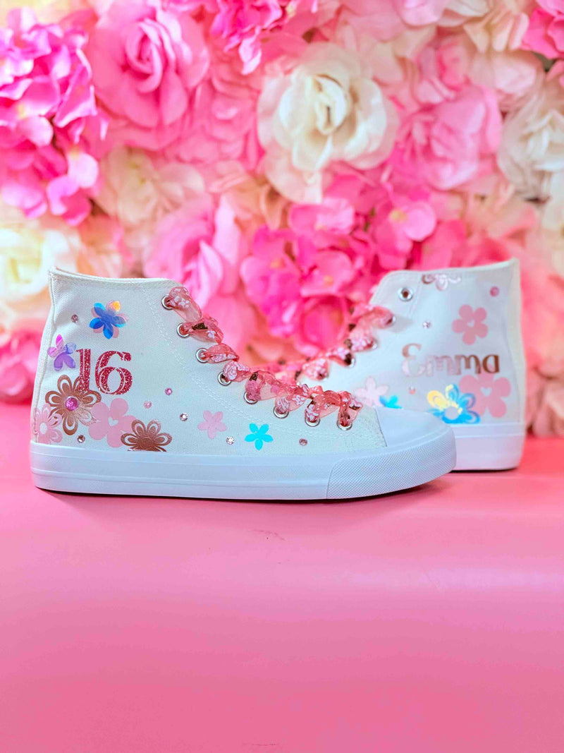 Sweet 16 Fayri Tale Garden Party Dance Celebration | Personalized High-Top Shoes with Name Gift for Birthday Girl | Eye-Catching Holographic