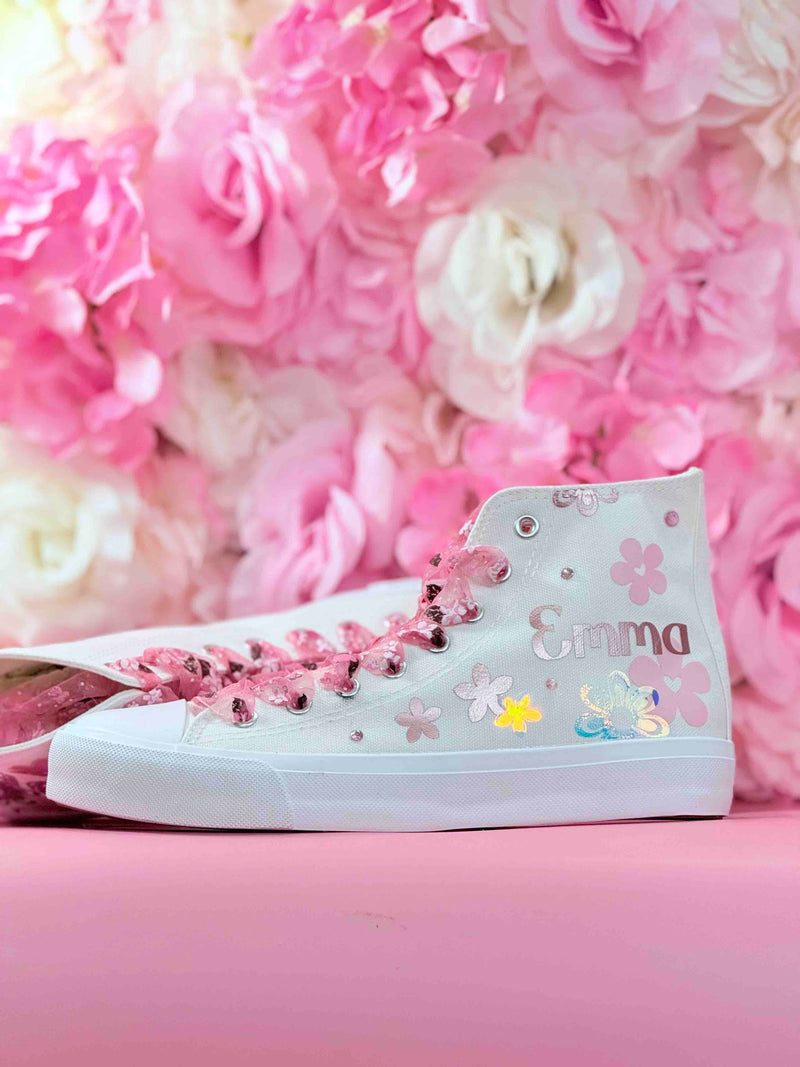 Sweet 16 Fayri Tale Garden Party Dance Celebration | Personalized High-Top Shoes with Name Gift for Birthday Girl | Eye-Catching Holographic