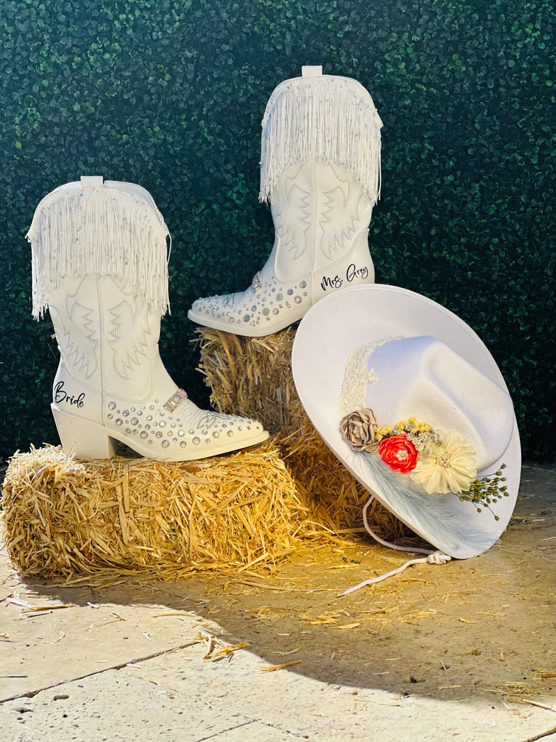 Bride cowboy boots bedazzled with bright AB gems | Boho Style Bridal boots gift personalized marriage last name cowgirl l Wedding bachelorette shoes