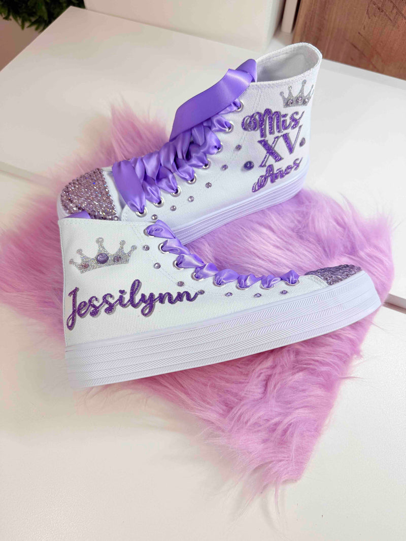 Cinderella Style Lilac theme | My XV años Gift personalized | Shoes 15 Birthday Dancers Sneakers | Customized Trainers Quinceañera Shoes
