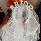 White Bride Headband Pearl Crown with Veil Bride To Be Wedding Decoration Bridal Shower Gift Bachelorette Hen Party Supplies