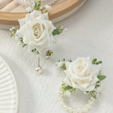 2 sets of wrist and corsage accessories. The bracelet flowers and corsages are suitable for weddings and engagements.