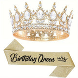 Bling Rhinestones Birthday Party Kit Tiara Crown Queen Sash Women Girl Happy Birthday Hair Accessories Prom Gifts Decorations