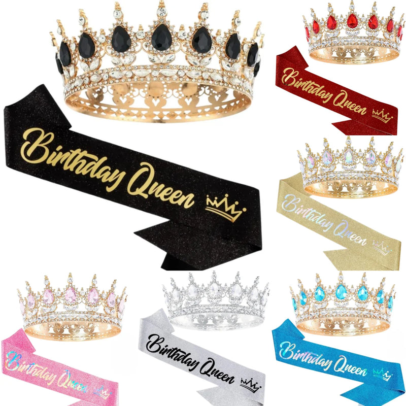 Bling Rhinestones Birthday Party Kit Tiara Crown Queen Sash Women Girl Happy Birthday Hair Accessories Prom Gifts Decorations