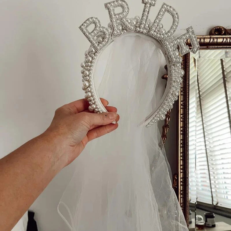 White Bride Headband Pearl Crown with Veil Bride To Be Wedding Decoration Bridal Shower Gift Bachelorette Hen Party Supplies