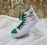 Party Style Quinceanera | Green Quinces Personalized Sneakers | Quince custom shoes | XV Quinceañero Ideas | Zapatillas Verdes Quince party