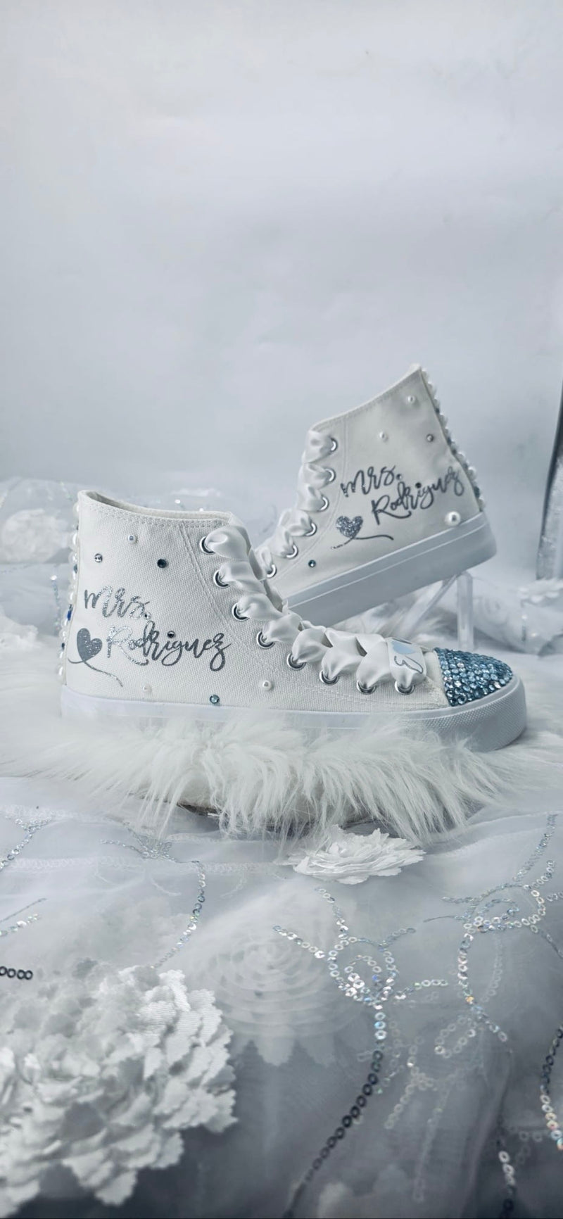 Personalized bride high top wedding sneakers with Mrs name, something blue rhinestone toe and pearl heel