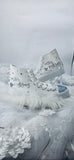 Personalized bride high top wedding sneakers with Mrs name, something blue rhinestone toe and pearl heel