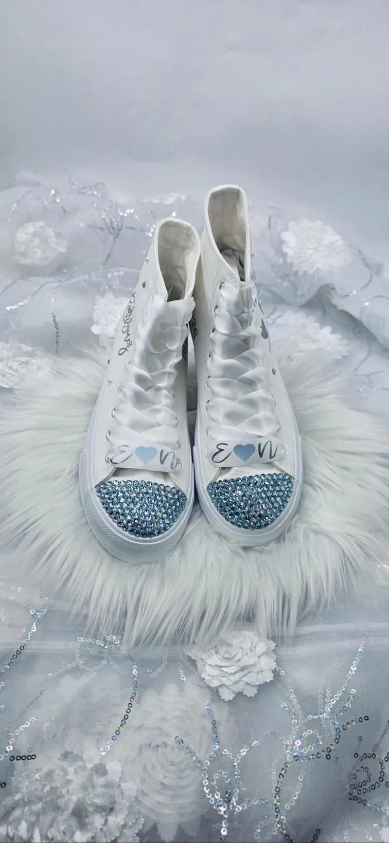 Personalized bride high top wedding sneakers with Mrs name, something blue rhinestone toe and pearl heel