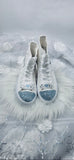 Personalized bride high top wedding sneakers with Mrs name, something blue rhinestone toe and pearl heel