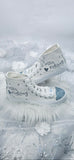 Personalized bride high top wedding sneakers with Mrs name, something blue rhinestone toe and pearl heel