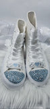 Personalized bride high top wedding sneakers with Mrs name, something blue rhinestone toe and pearl heel