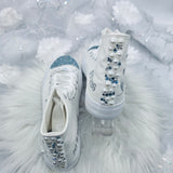 Personalized bride high top wedding sneakers with Mrs name, something blue rhinestone toe and pearl heel