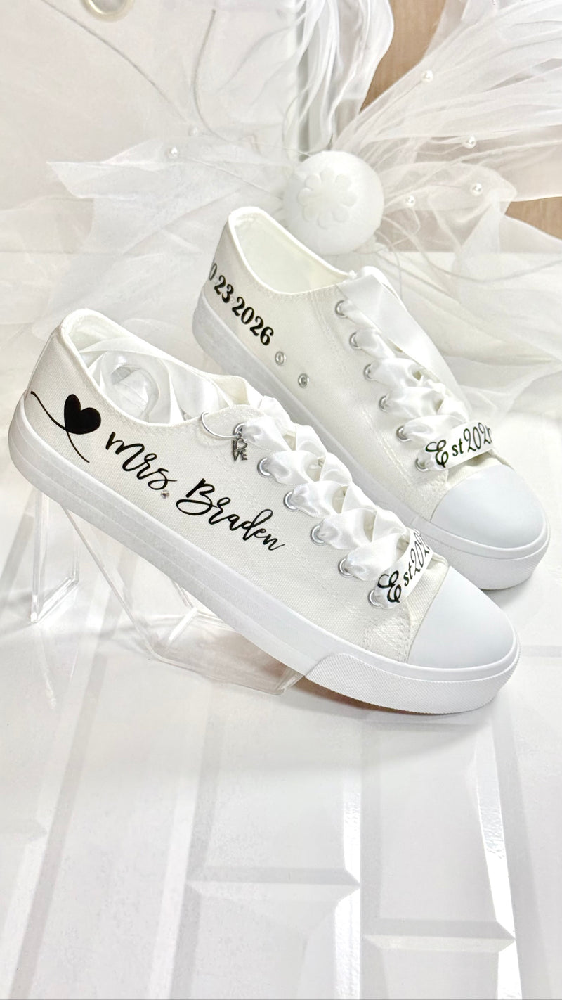 Personalized bride wedding sneakers with Mrs name, wedding date and satin ribbon laces
