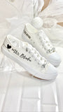 Personalized bride wedding sneakers with Mrs name, wedding date and satin ribbon laces