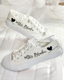 Personalized bride wedding sneakers with Mrs name, wedding date and satin ribbon laces