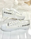 Personalized bride wedding sneakers with Mrs name, wedding date and satin ribbon laces