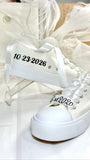 Personalized bride wedding sneakers with Mrs name, wedding date and satin ribbon laces