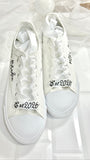 Personalized bride wedding sneakers with Mrs name, wedding date and satin ribbon laces
